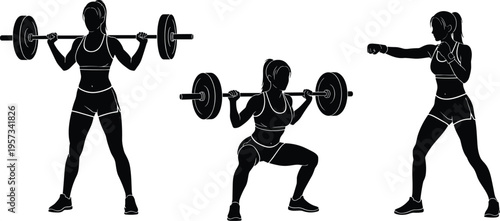 Set of female fitness silhouettes performing barbell squat lifting and boxing training exercises isolated on white background for gym and workout design