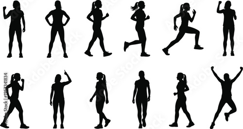 Set of female fitness silhouettes showing walking running and active lifestyle poses isolated on white background for health and workout design use