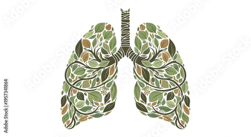 Illustration of lungs with green and brown leaf patterns on a white background for World Health Day campaigns