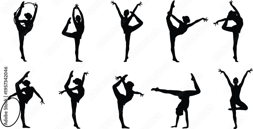 Fototapeta premium Set of flexible female dancer silhouettes performing gymnastic and yoga poses isolated on white background for fitness and artistic design useSet of flexible female dancer silhouettes performing 
