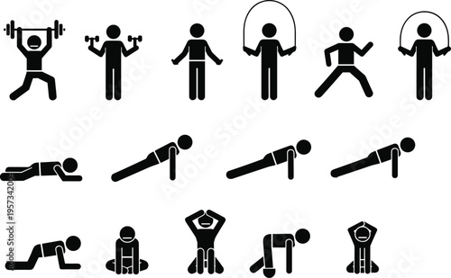 Set of fitness exercise icons showing weightlifting push ups jump rope and workout routines isolated on white background for gym design use