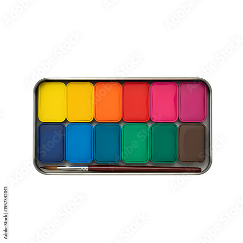 A rectangular metal tin box containing twelve vibrant watercolor paint cakes and a wooden brush isolated on transparent background