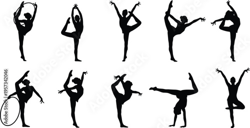 Set of flexible female dancer silhouettes performing gymnastic and yoga poses isolated on white background for fitness and artistic design useSet of flexible female dancer silhouettes performing 