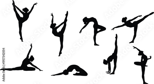 Set of flexible female dancer silhouettes performing stretching balance and yoga inspired poses isolated on white background for fitness and art design