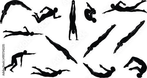 Set of gymnast silhouettes performing flips dives and acrobatic movements isolated on white background for sports and athletic design use