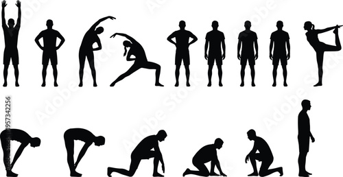 Set of human body stretch and warm up exercise silhouettes showing flexibility poses isolated on white background for fitness and wellness design