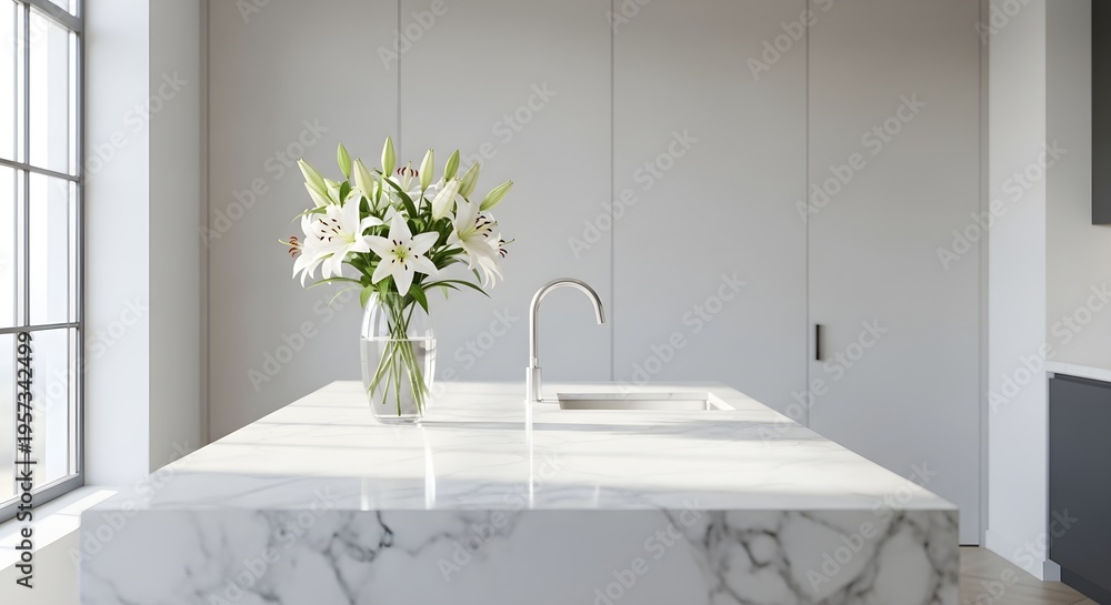Fototapeta premium Modern kitchen interior with marble countertop and white lilies bouquet