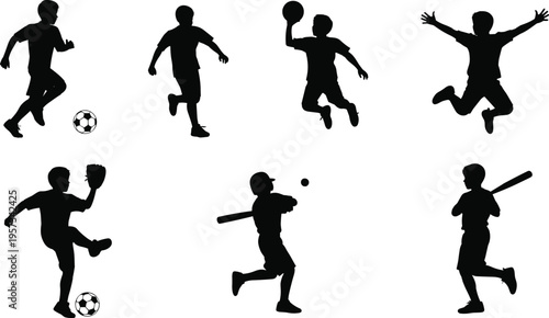 Canvastavla Set of kids sports silhouettes playing soccer baseball and basketball in dynamic
