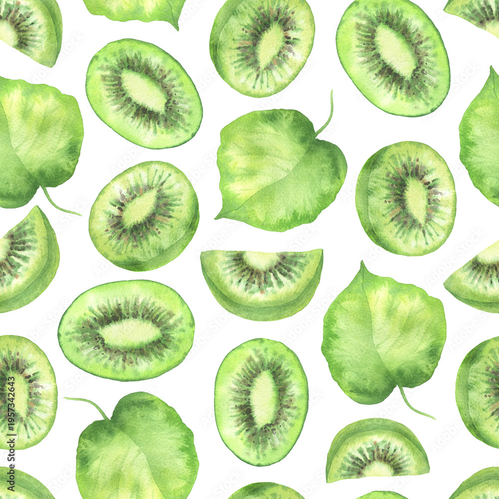 Fototapeta premium Seamless pattern of kiwi slices and leaves