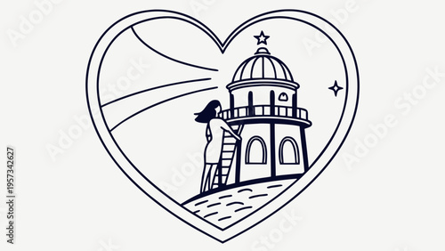 Woman tending to lighthouse inside heart shape illustration.