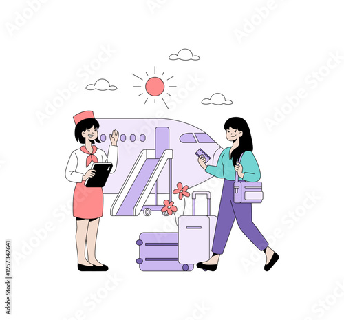 Flight Attendant Greeting Passenger Vector Illustration