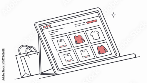 Tablet displaying online clothing store with shopping bag.
