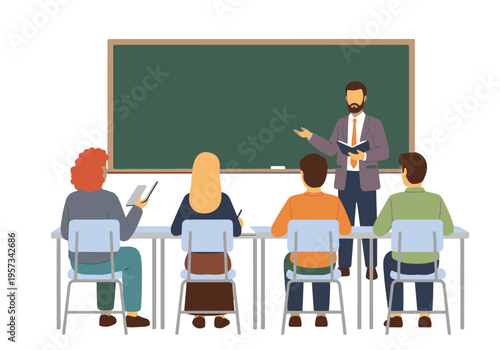 Male Teacher Instructing Students in a Classroom with Blackboard