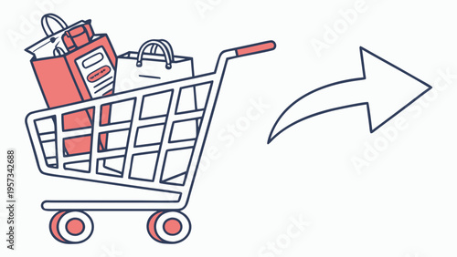 Shopping cart filled with bags and products with a forward arrow.