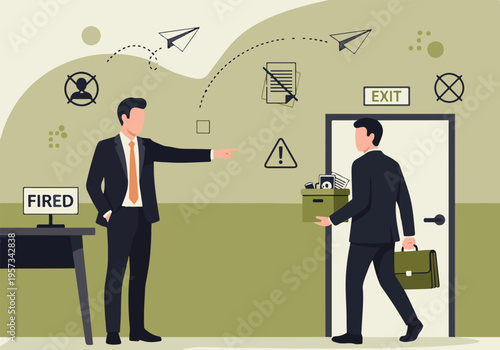 Businessman being fired, employee carrying personal belongings leaving office