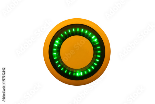 Yellow futuristic circular button with green led ring on white background, technology