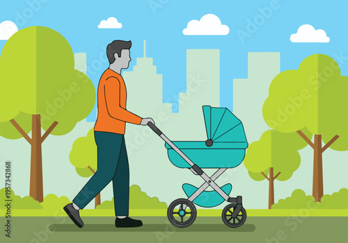 Man walking with baby stroller in urban park landscape
