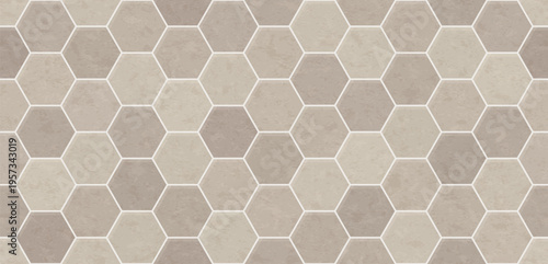 Hexagon ceramic tile, beige texture for bathroom floor or wall, pavement pattern. Honeycomb seamless background in taupe color. Mosaic geometric kitchen backsplash, toilet floor. Vector illustration