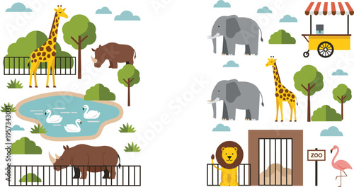 Flat Vector Illustration Set of Zoo Animals and Park Elements Including Elephant, Lion, Giraffe, Rhino, Flamingo, Swan, Enclosure, and Food Cart for Design.