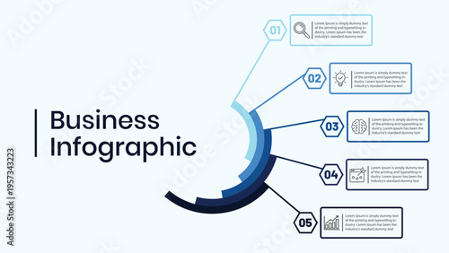 Business infographic template with 5 options or steps and icons, blue color palette, on light blue background