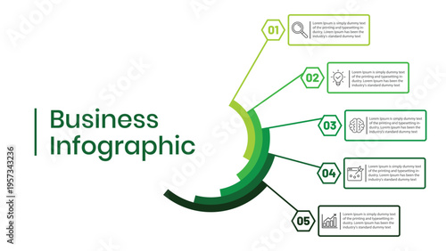 Business infographic template with 5 options or steps and icons, green color palette,