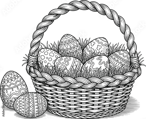 Easter sunday celebration with traditional decorated eggs in a woven basket