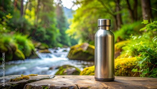 Wallpaper Mural Reusable Stainless Steel Water Bottle in Lush Forest Setting. Torontodigital.ca