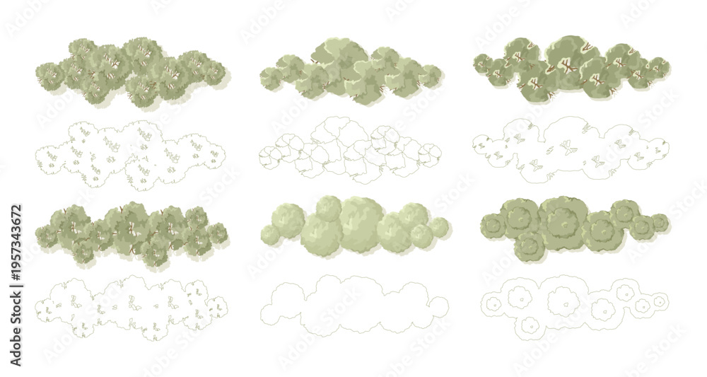 Obraz premium Top view trees for architectural plans and landscape design. Minimal vector illustration for urban planning, site plans, and architectural entourage.