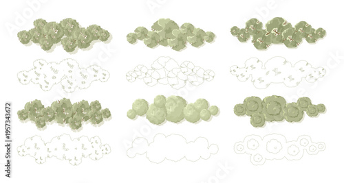 Top view trees for architectural plans and landscape design. Minimal vector illustration for urban planning, site plans, and architectural entourage.