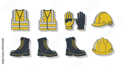 Industrial Safety Equipment Vector Illustration with Hard Hat Work Boots and Reflective Vests