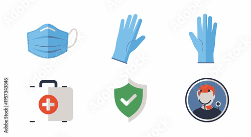 Medical Protective Equipment and Workplace Health Safety Icon Set Illustration Vector