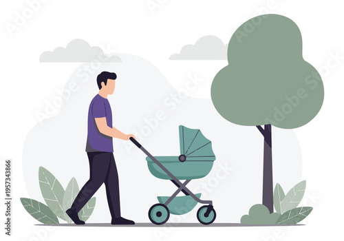 Father walking with baby carriage in park, concept of modern parenthood