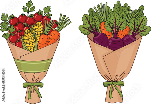 Vector illustration of fresh vegetable bouquets wrapped in brown paper featuring tomatoes corn carrots and beets for healthy eating and organic lifestyle