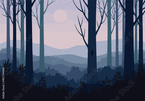 Minimalist forest landscape with tall trees, moon, and layered mountains at dusk