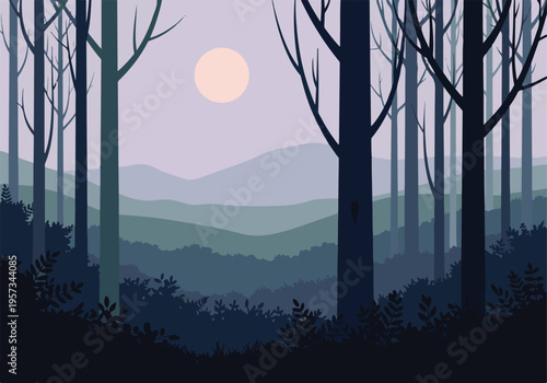Minimalist forest landscape with moon and mountains at twilight