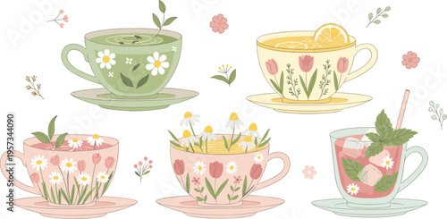 Set of floral teacups with herbal tea chamomile lemon and mint sprigs featuring garden flowers tulips and daisies in soft pastel colors vector