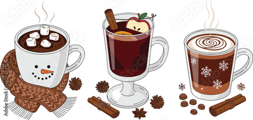 Winter hot drinks vector set with hot chocolate marshmallows mulled wine with cinnamon apple and festive latte with snowflake designs and cozy scarf