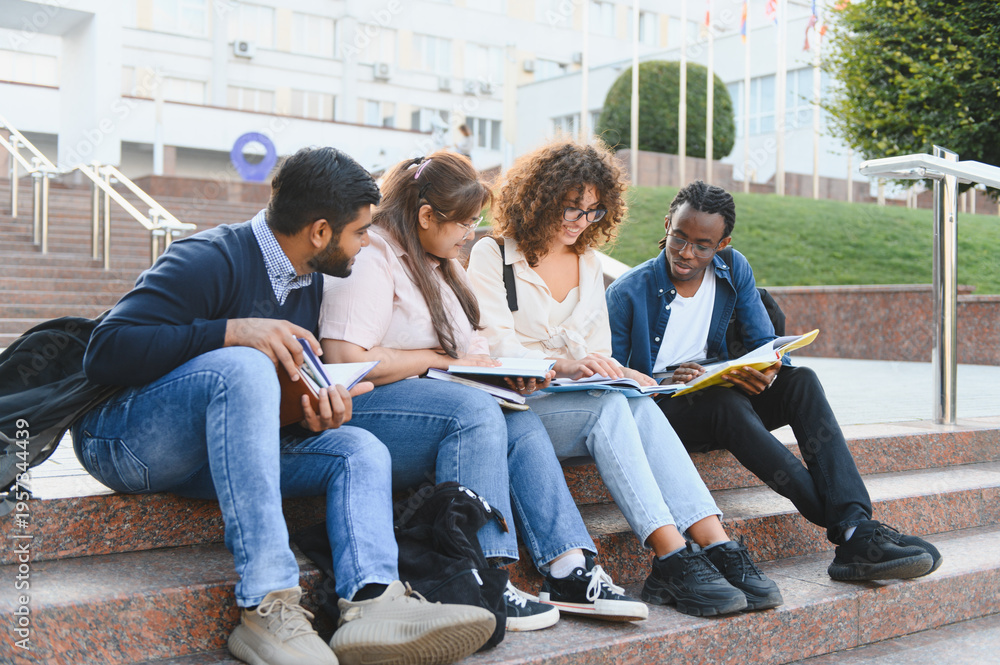 Fototapeta premium Diverse university students studying together on campus stairs