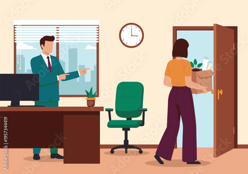 Employee being fired from job, leaving office with box of personal items