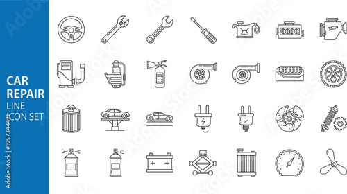 Vector line icon set for car repair and automotive maintenance featuring tools engine parts tires jacks and garage equipment for mechanics