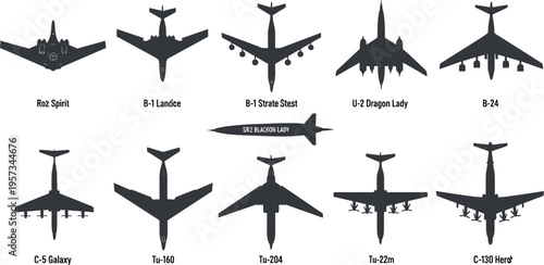 Collection of military aircraft silhouettes including strategic bombers transport planes and reconnaissance jets like the B-2 Spirit and C-130 Hercules for aviation design