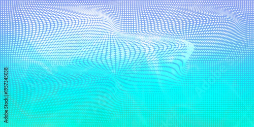 Abstract Turquoise Dotted Wave Background With Gradient Halftone Pattern And Flowing Mesh Texture