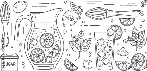 Hand drawn line icon set for fresh lemonade featuring pitcher glass with ice cubes lemon slices mint leaves sugar and citrus juicer