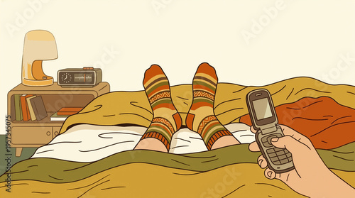 First person view of legs in socks on a bed with a vintage flip phone in hand.