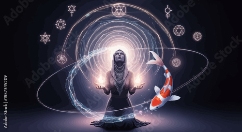 Mystical woman with glowing hands, koi fish, and celestial symbols