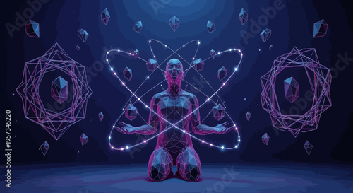 Man meditating with geometric patterns and crystals, abstract digital art, futuristic concept