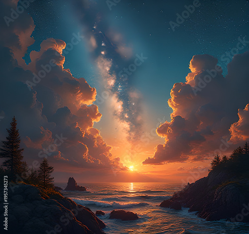 Beautiful night landscape fantastic stars sunset clouds