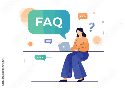 Woman Using Laptop for Online FAQ and Customer Support Illustration
