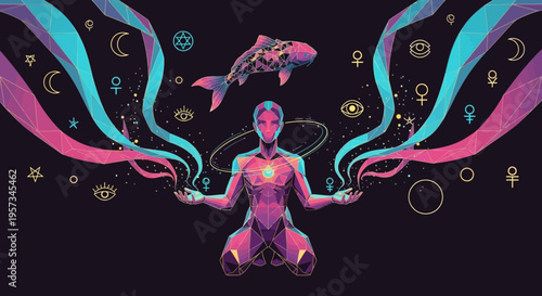 Astral Projection: Figure Meditating with Cosmic Fish and Symbols