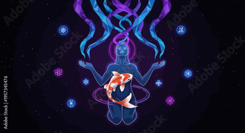 Cosmic Meditation: Figure with Koi Fish and Geometric Energy Waves